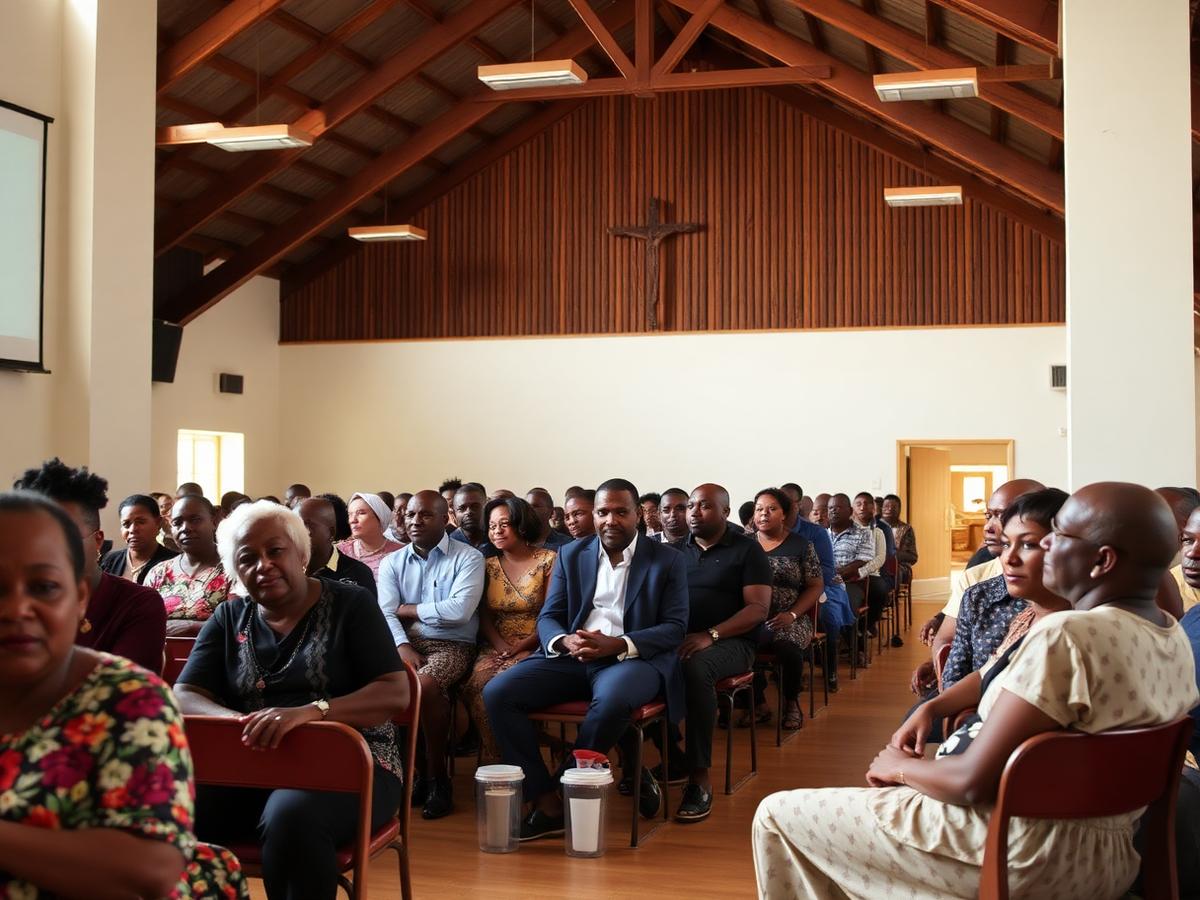 Members of a church group gathered in a community hall