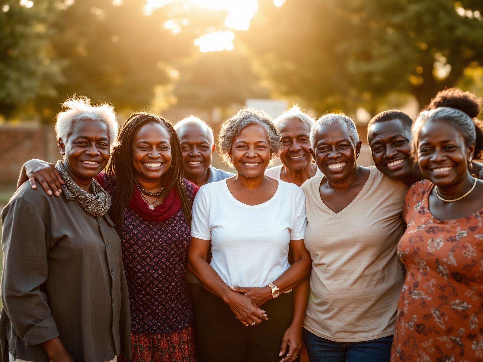 A South African community group standing together in warm afternoon light